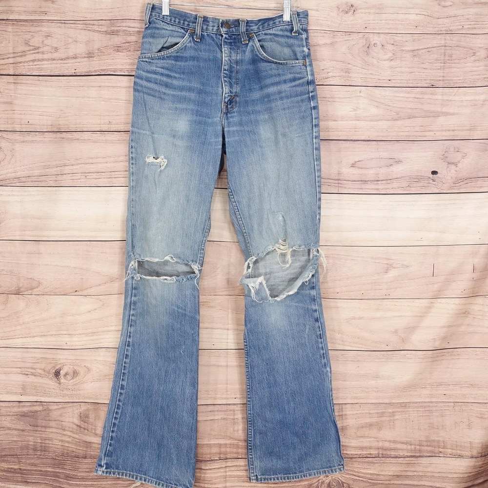 Vintage Plain Pockets Jeans Mens 30x34 Blue Flare Bootcut Talon Zip 70s